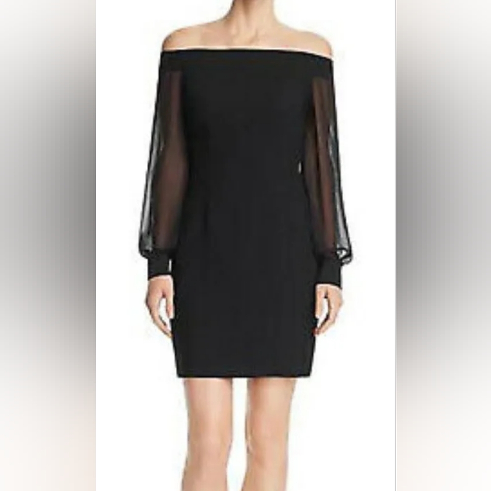 Aidan Mattox Off The Shoulder Crepe Fress With Sheer Long Sleeves